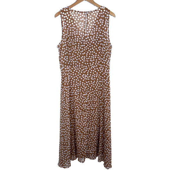 Calvin Klein Dress 14 Tan White Polka Dot Chiffon V-Neck Faux Wrap Lined Dress - Picture 2 of 12